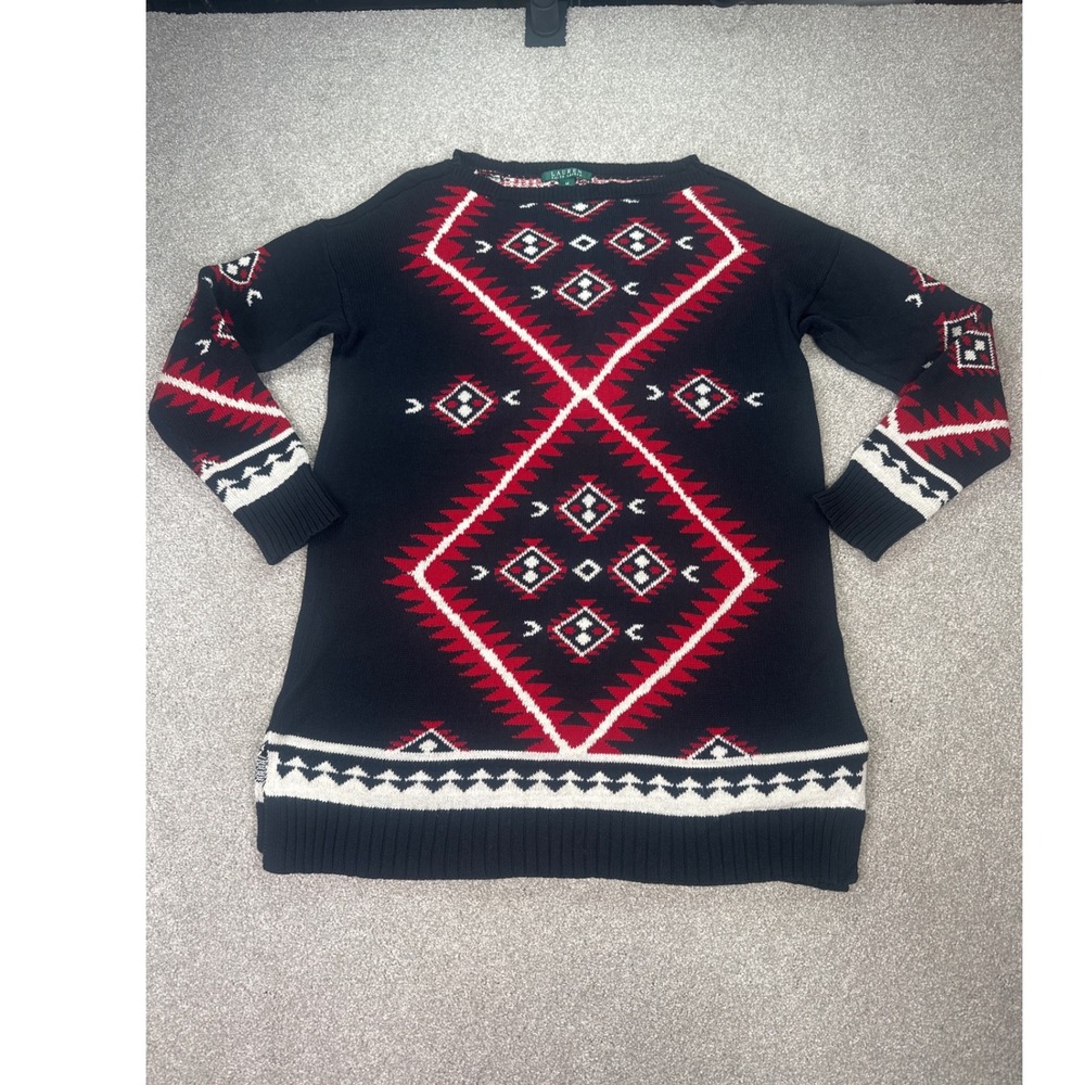 Lauren Ralph Lauren womens Geometric Aztec Black Red White Cotton Sweater Medium